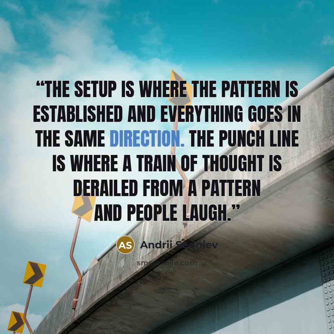 “The setup is where the pattern is established and everything goes in the same direction. The punch line is where a train of thought is derailed from a pattern and people laugh.” quote by Andrii Sedniev