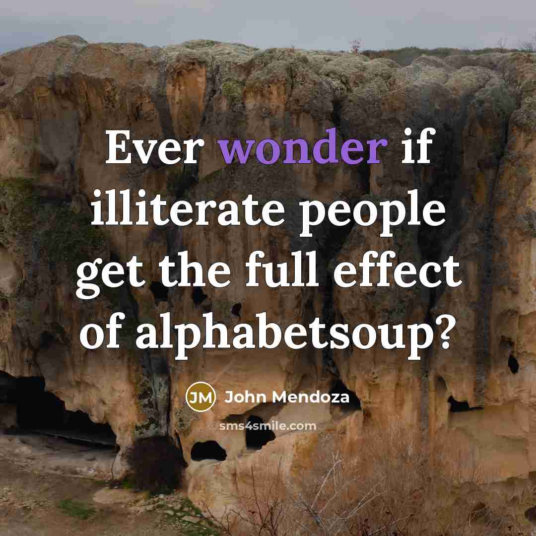 “Ever wonder if illiterate people get the full effect of…” quote by John Mendoza
