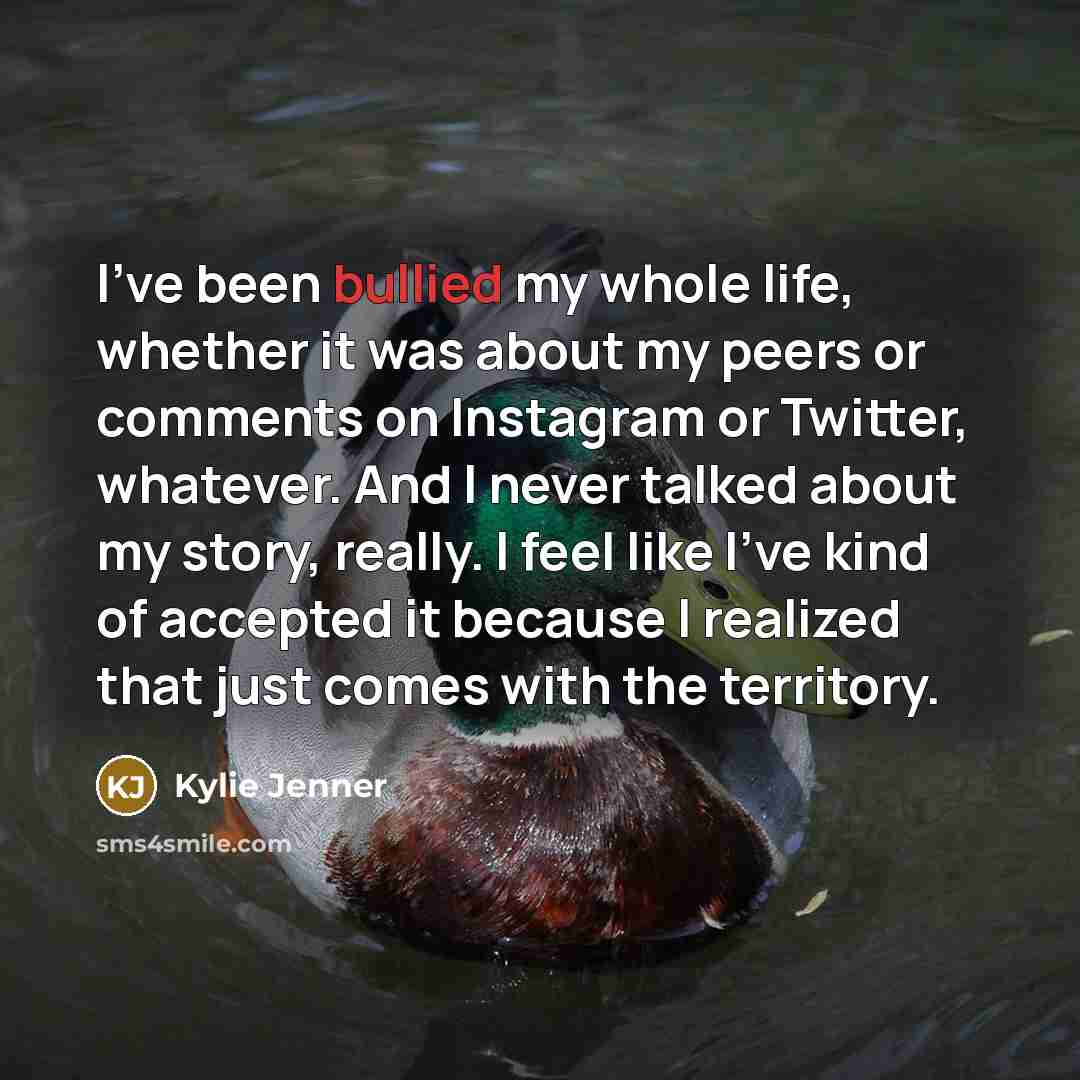 “I've been bullied my whole life, whether it was about my peers or comments on Instagram or Twitter, whatever. And I never talked about my story, really. I feel like I've kind of accepted it because I realized that just comes with the territory.” quote by Kylie Jenner