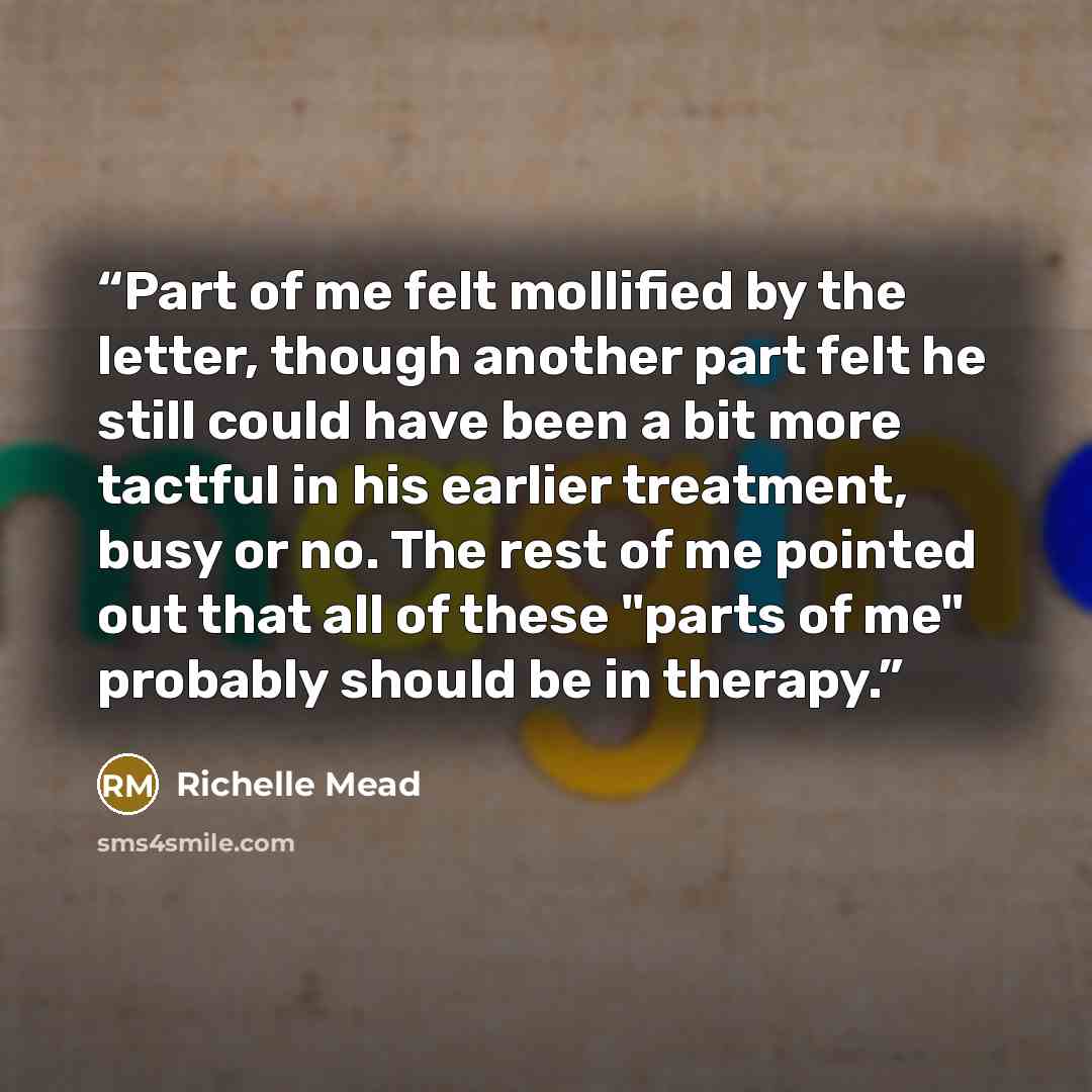“Part of me felt mollified by the letter, though another part felt he still could have been a bit more tactful in his earlier treatment, busy or no. The rest of me pointed out that all of these "parts of me" probably should be in therapy.” quote by Richelle Mead