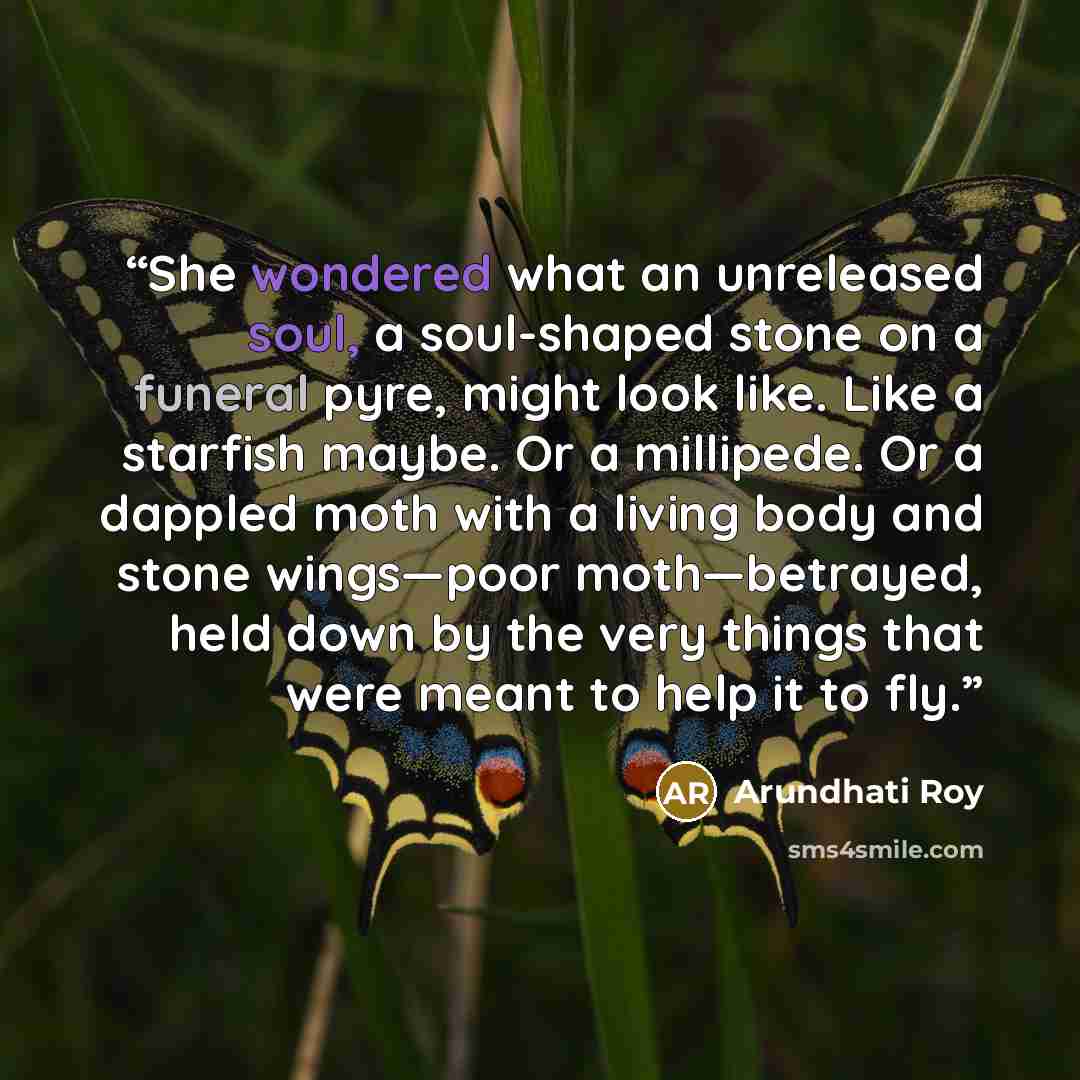 “She wondered what an unreleased soul, a soul-shaped stone on a funeral pyre, might look like. Like a starfish maybe. Or a millipede. Or a dappled moth with a living body and stone wings—poor moth—betrayed, held down by the very things that were meant to help it to fly.” quote by Arundhati Roy