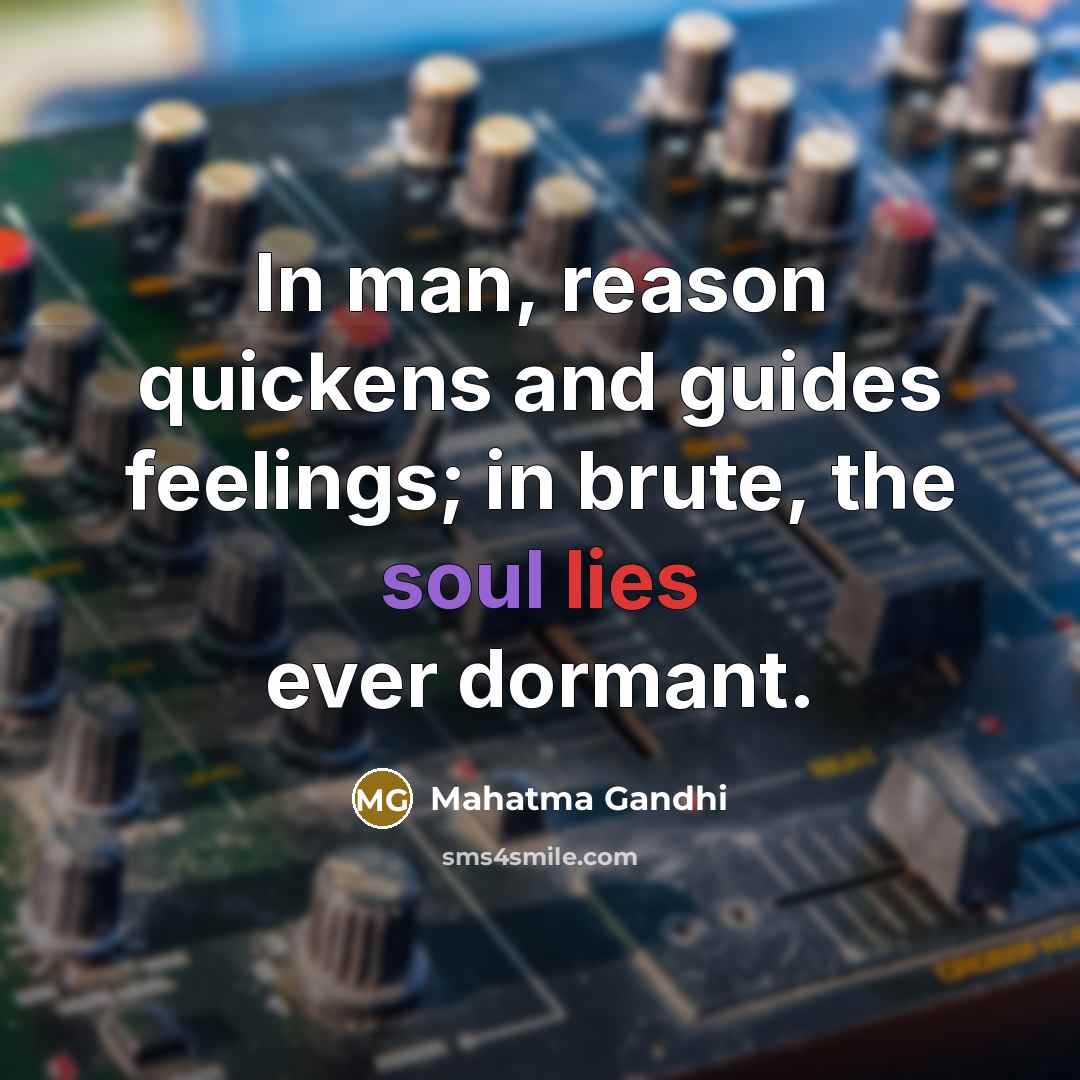 “In man, reason quickens and guides feelings; in brute, the…” quote by Mahatma Gandhi