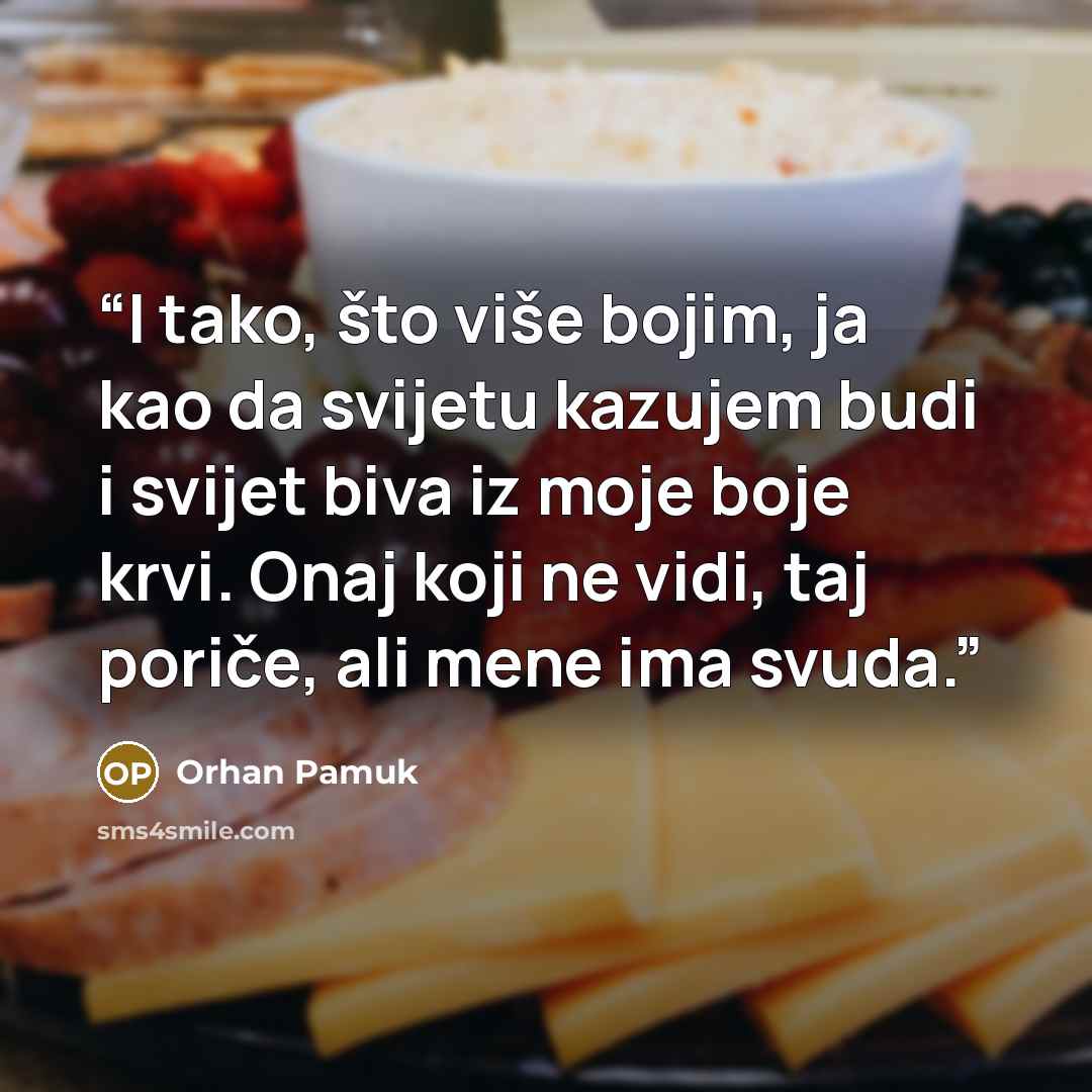 “I tako, što više bojim, ja kao da svijetu kazujem budi i svijet biva iz moje boje krvi. Onaj koji ne vidi, taj poriče, ali mene ima svuda.” quote by Orhan Pamuk