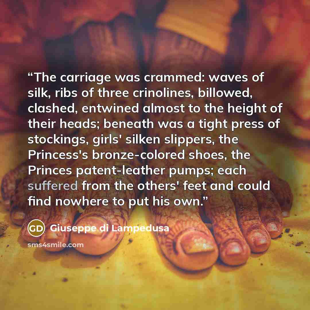 “The carriage was crammed: waves of silk, ribs of three crinolines, billowed, clashed, entwined almost to the height of their heads; beneath was a tight press of stockings, girls' silken slippers, the Princess's bronze-colored shoes, the Princes patent-leather pumps; each suffered from the others'…” quote by Giuseppe Di Lampedusa