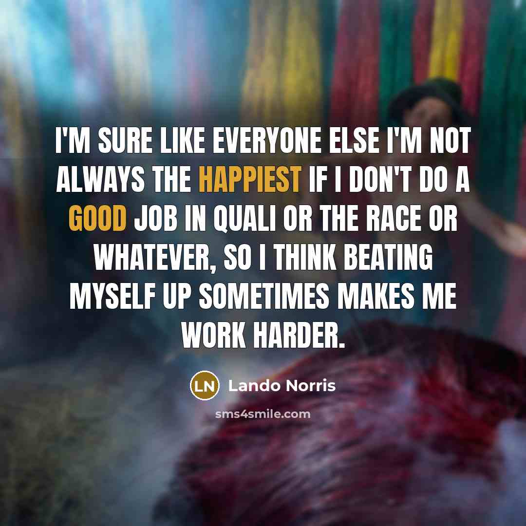 “I'm sure like everyone else I'm not always the happiest if I don't do a good job in quali or the race or whatever, so I think beating myself up sometimes makes me work harder.” quote by Lando Norris