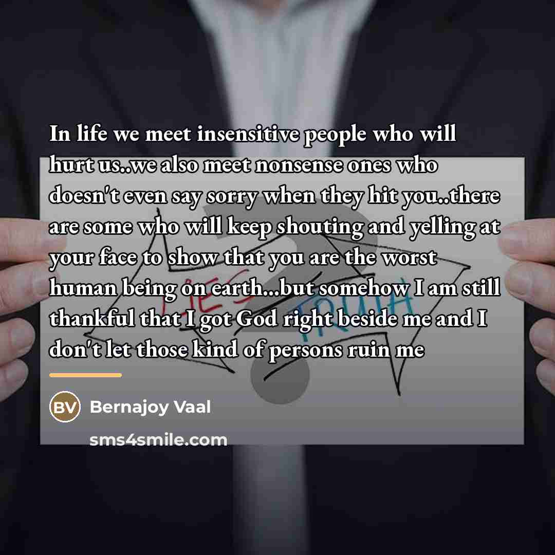“In life we meet insensitive people who will hurt us..we…” quote by Bernajoy Vaal