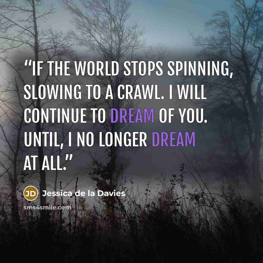 “If the world stops spinning, slowing to a crawl. I will continue to dream of you. Until, I no longer dream at all.” quote by Jessica de la Davies