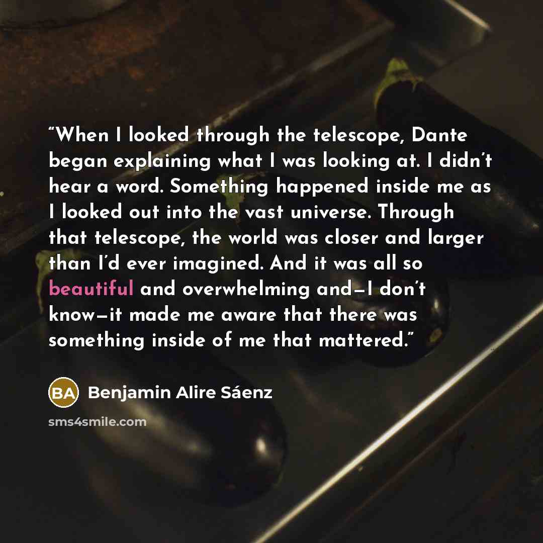 “When I looked through the telescope, Dante began explaining what I was looking at. I didn’t hear a word. Something happened inside me as I looked out into the vast universe. Through that telescope, the world was closer and larger than I’d ever imagined. And it was all so beautiful and overwhelming…” quote by Benjamin Alire Sáenz
