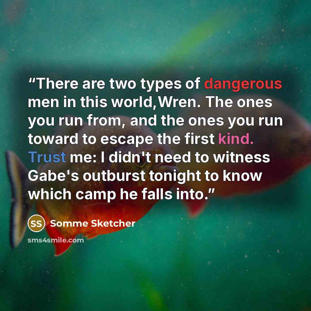“There are two types of dangerous men in this world,Wren. The ones you run from, and the ones you run toward to escape the first kind. Trust me: I didn't need to witness Gabe's outburst tonight to know which camp he falls into.” quote by Somme Sketcher