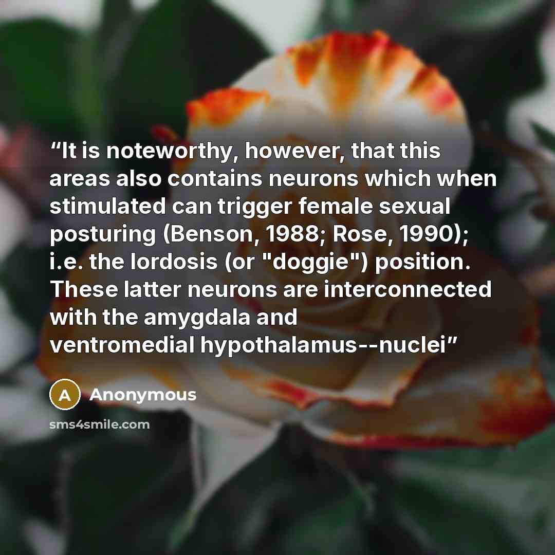 “It is noteworthy, however, that this areas also contains neurons which when stimulated can trigger female sexual posturing (Benson, 1988; Rose, 1990); i.e. the lordosis (or "doggie") position. These latter neurons are interconnected with the amygdala and ventromedial hypothalamus--nuclei” quote by Anonymous