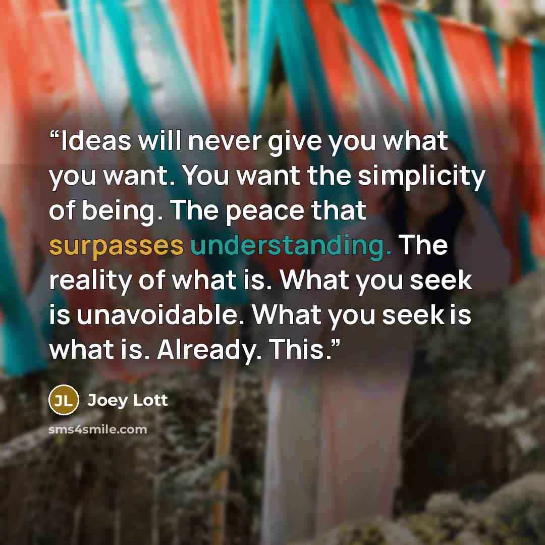 “Ideas will never give you what you want. You want the simplicity of being. The peace that surpasses understanding. The reality of what is. What you seek is unavoidable. What you seek is what is. Already. This.” quote by Joey Lott