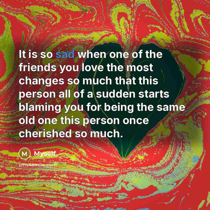 “It is so sad when one of the friends you love the most changes so much that this person all of a sudden starts blaming you for being the same old one this person once cherished so much.” quote by Myself