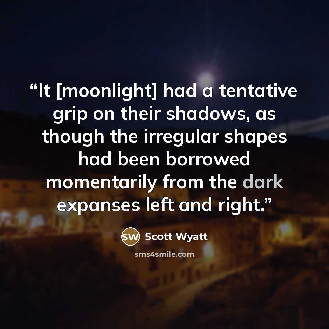 “It [moonlight] had a tentative grip on their shadows, as though the irregular shapes had been borrowed momentarily from the dark expanses left and right.” quote by Scott Wyatt