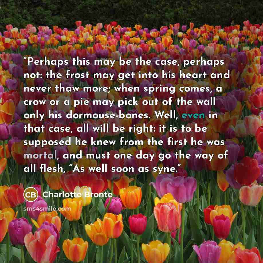 “Perhaps this may be the case, perhaps not: the frost may get into his heart and never thaw more; when spring comes, a crow or a pie may pick out of the wall only his dormouse-bones. Well, even in that case, all will be right: it is to be supposed he knew from the first he was mortal, and must one…” quote by Charlotte Brontë