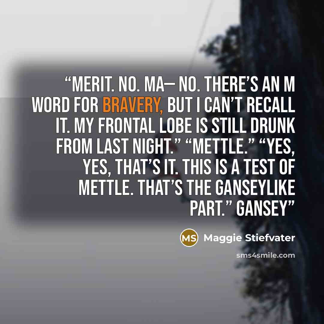“Merit. No. Ma— No. There’s an m word for bravery, but I can’t recall it. My frontal lobe is still drunk from last night.” “Mettle.” “Yes, yes, that’s it. This is a test of mettle. That’s the Ganseylike part.” Gansey” quote by Maggie Stiefvater