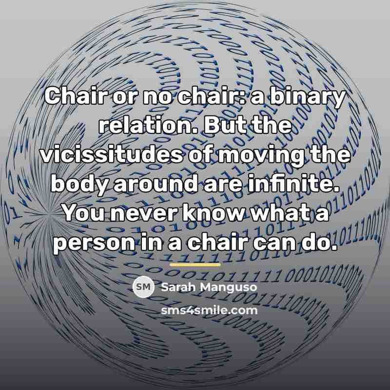 “Chair or no chair: a binary relation. But the vicissitudes…” quote by Sarah Manguso