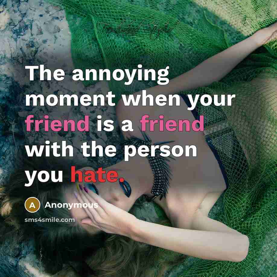 “The annoying moment when your friend is a friend with the person you hate.” quote by Anonymous