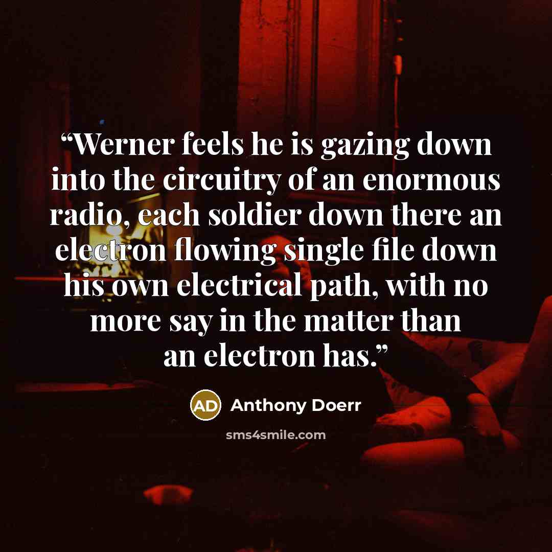 “Werner feels he is gazing down into the circuitry of an enormous radio, each soldier down there an electron flowing single file down his own electrical path, with no more say in the matter than an electron has.” quote by Anthony Doerr