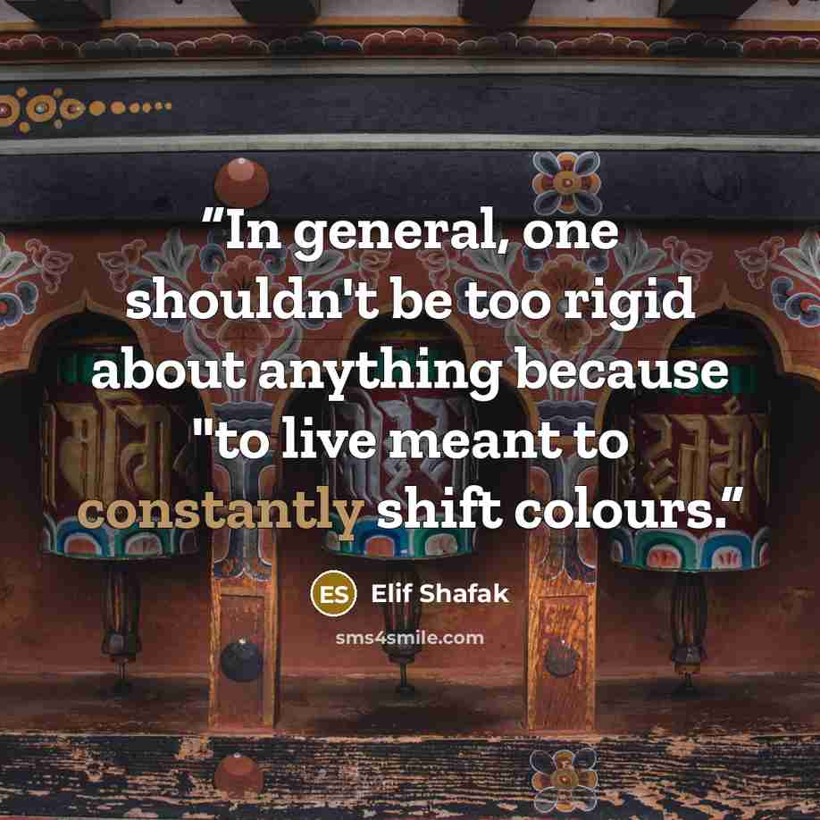 “In general, one shouldn't be too rigid about anything because "to live meant to constantly shift colours.” quote by Elif Shafak