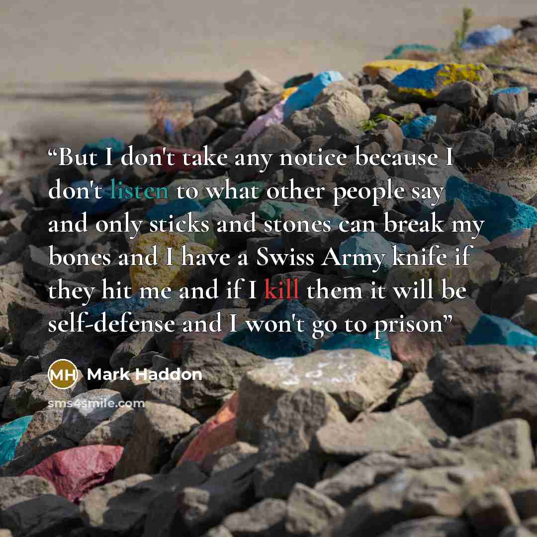“But I don't take any notice because I don't listen to what other people say and only sticks and stones can break my bones and I have a Swiss Army knife if they hit me and if I kill them it will be self-defense and I won't go to prison” quote by Mark Haddon