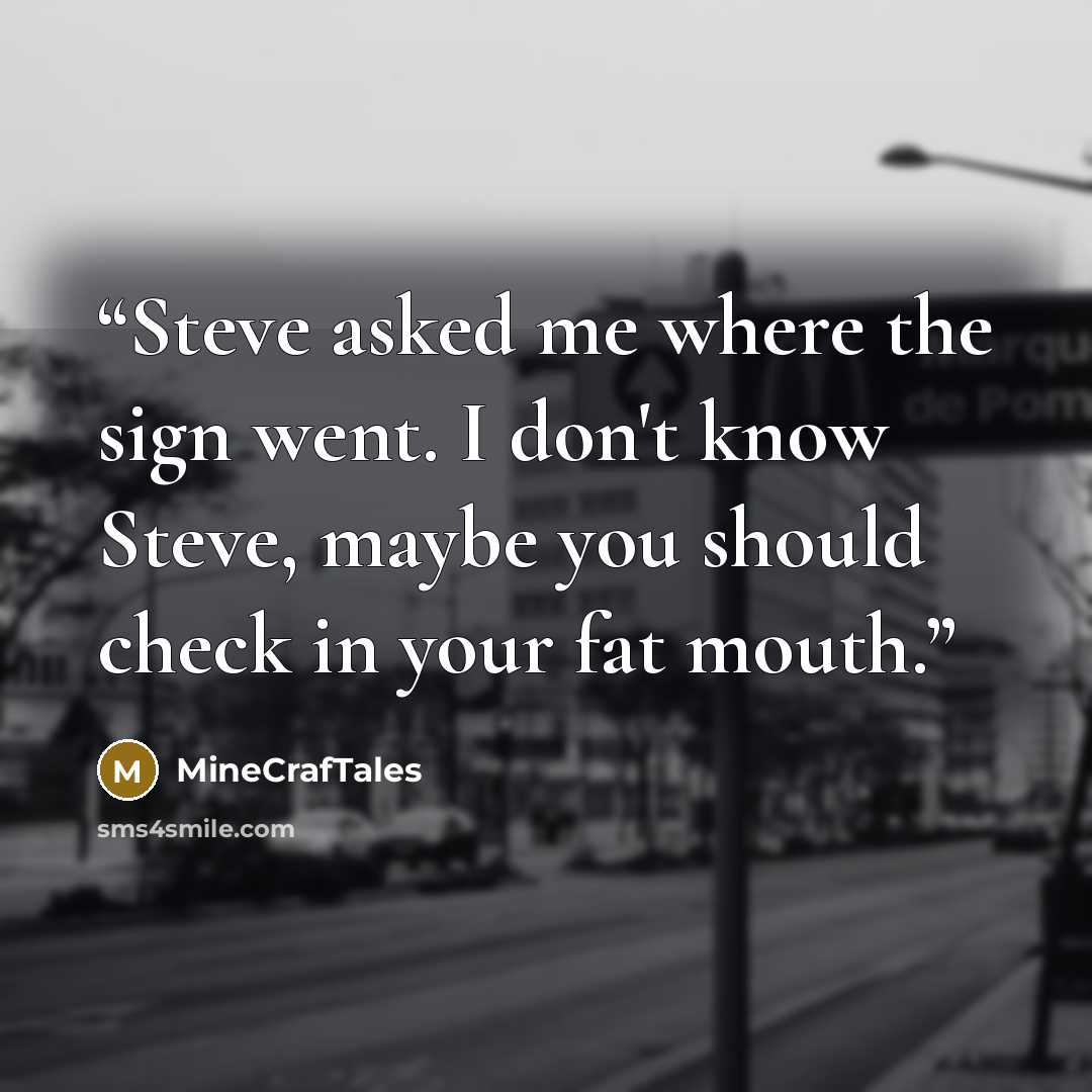 “Steve asked me where the sign went. I don't know Steve, maybe you should check in your fat mouth.” quote by MineCrafTales