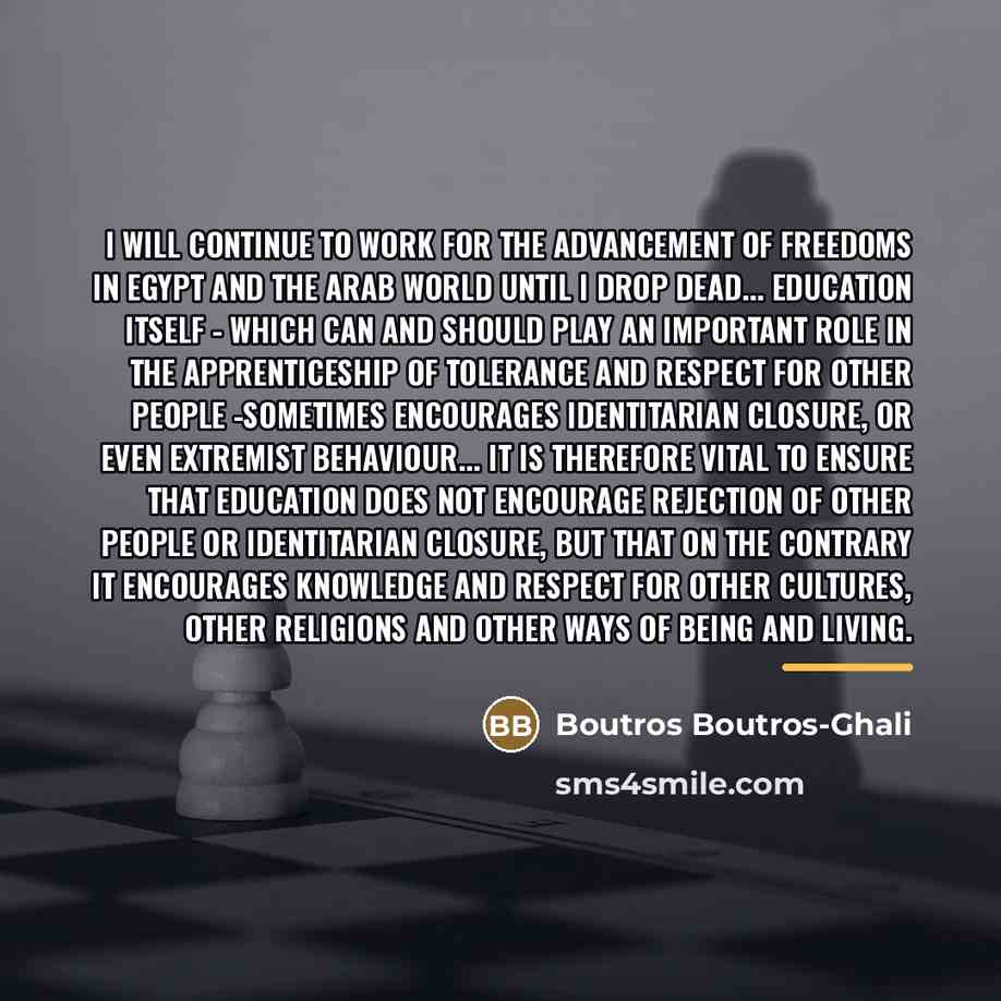 “I will continue to work for the advancement of freedoms…” quote by Boutros Boutros-Ghali