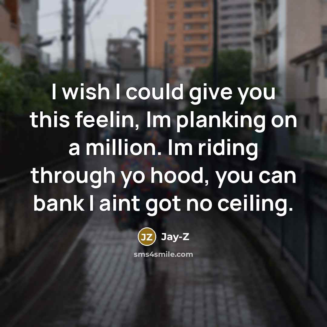 “I wish I could give you this feelin, Im planking on a million. Im riding through yo hood, you can bank I aint got no ceiling.” quote by Jay-Z