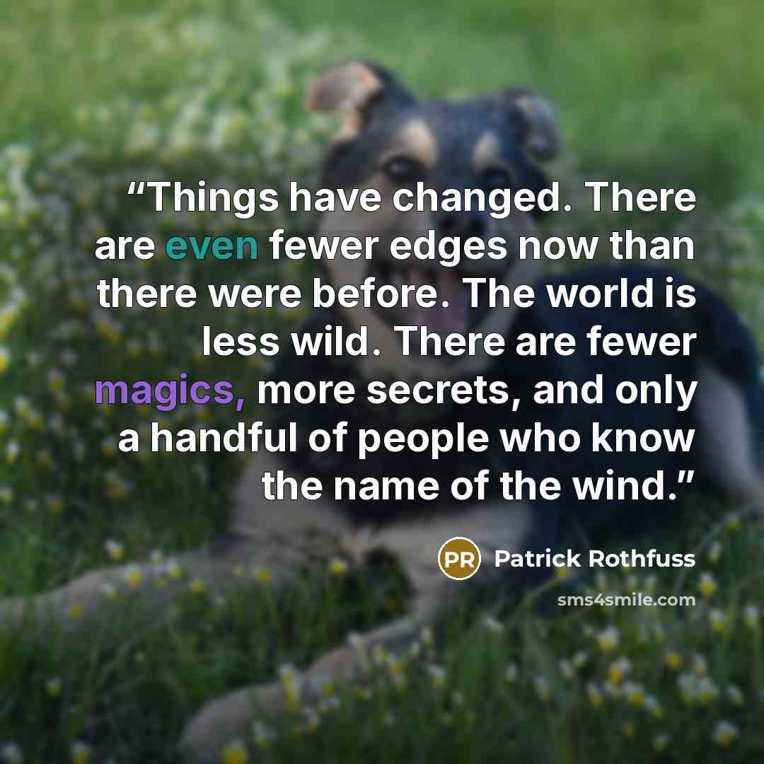 “Things have changed. There are even fewer edges now than there were before. The world is less wild. There are fewer magics, more secrets, and only a handful of people who know the name of the wind.” quote by Patrick Rothfuss