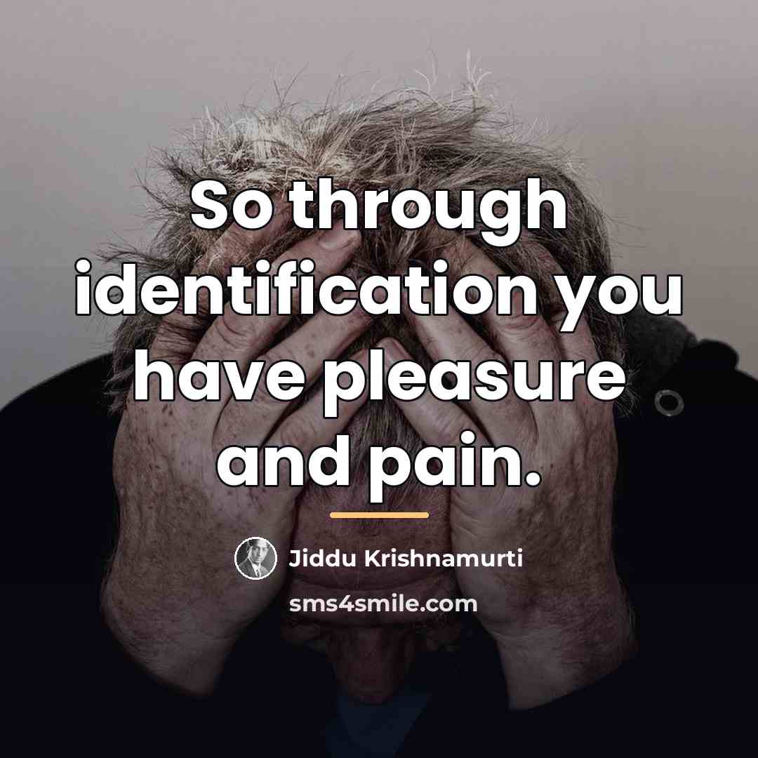 “So through identification you have pleasure and pain.…” quote by Jiddu Krishnamurti