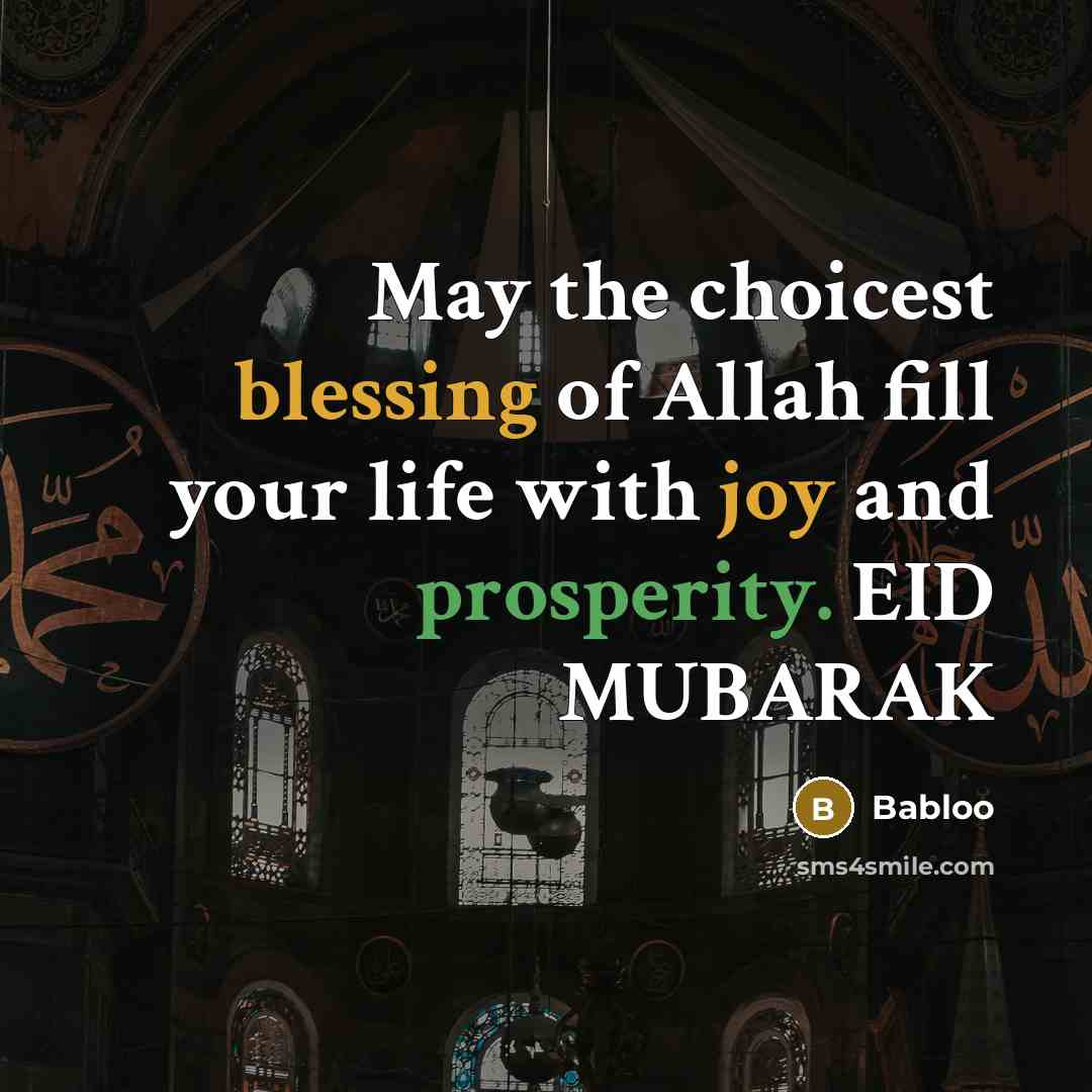 “May the choicest blessing of Allah fill your life with joy and prosperity. EID MUBARAK” quote by Babloo