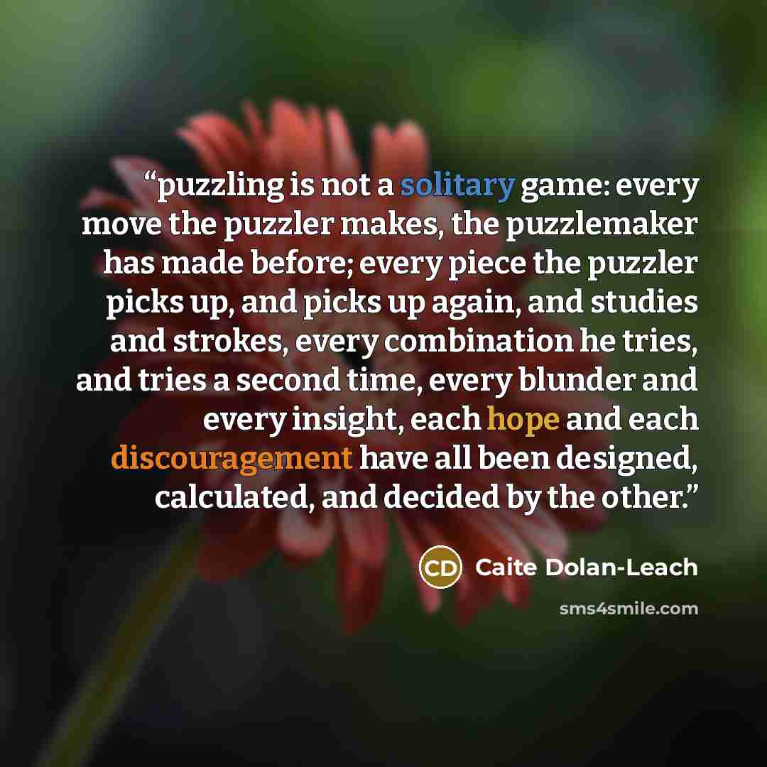 “puzzling is not a solitary game: every move the puzzler makes, the puzzlemaker has made before; every piece the puzzler picks up, and picks up again, and studies and strokes, every combination he tries, and tries a second time, every blunder and every insight, each hope and each discouragement…” quote by Caite Dolan-Leach