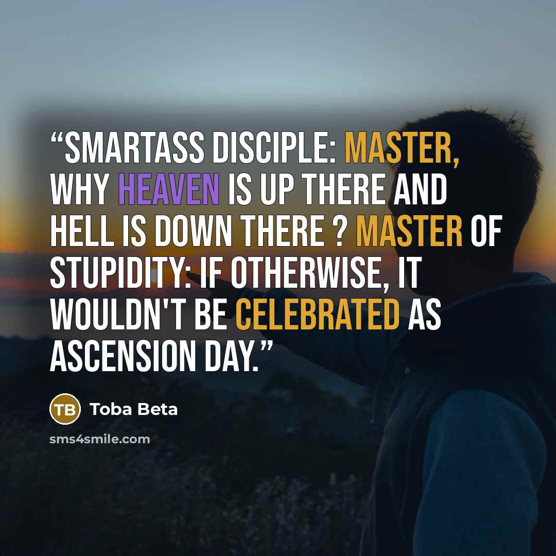 “Smartass Disciple: Master, why heaven is up there and hell is down there ? Master of Stupidity: If otherwise, it wouldn't be celebrated as ascension day.” quote by Toba Beta