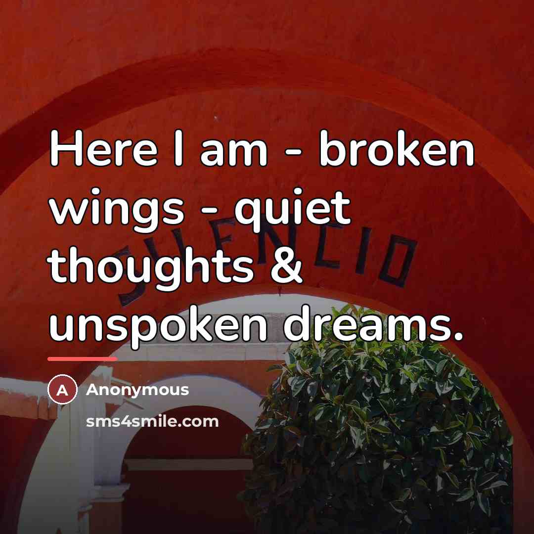 “Here I am - broken wings - quiet thoughts &…” quote by Anonymous