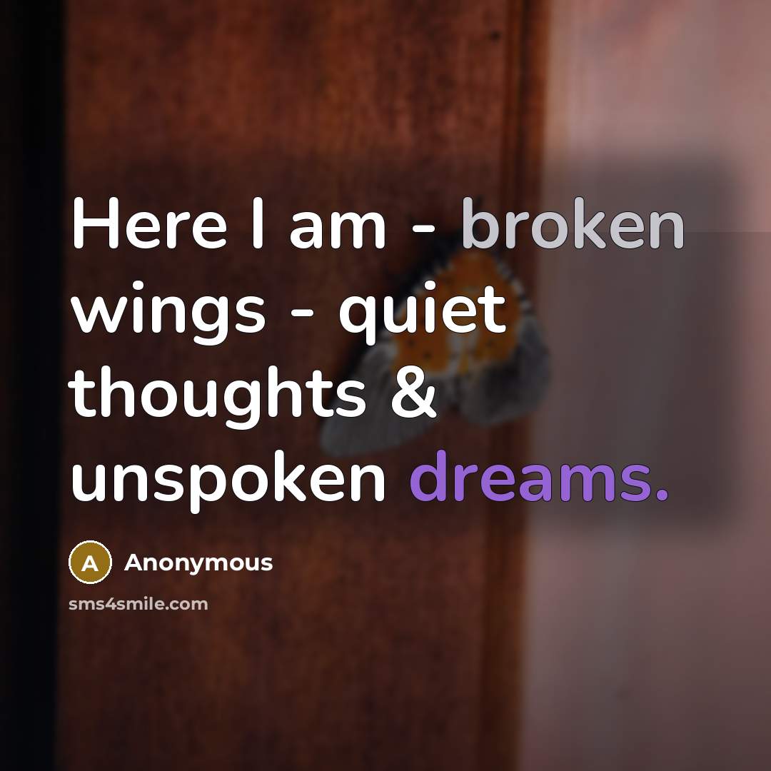 “Here I am - broken wings - quiet thoughts & unspoken dreams.” quote by Anonymous