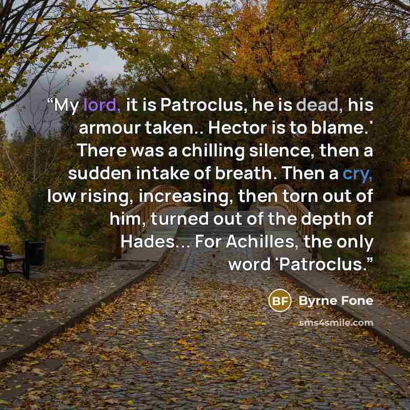 “My lord, it is Patroclus, he is dead, his armour taken.. Hector is to blame.' There was a chilling silence, then a sudden intake of breath. Then a cry, low rising, increasing, then torn out of him, turned out of the depth of Hades... For Achilles, the only word 'Patroclus.” quote by Byrne Fone