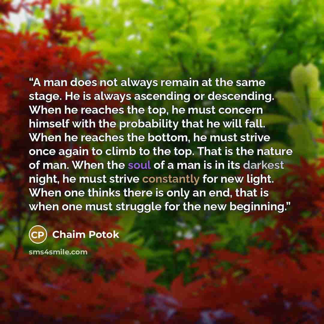 “A man does not always remain at the same stage. He is always ascending or descending. When he reaches the top, he must concern himself with the probability that he will fall. When he reaches the bottom, he must strive once again to climb to the top. That is the nature of man. When the soul of a…” quote by Chaim Potok