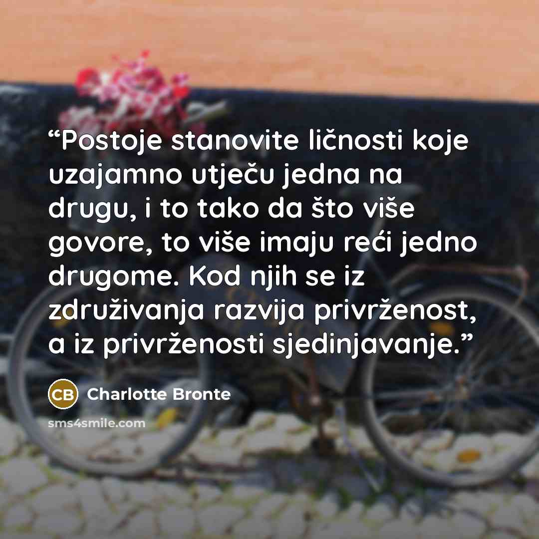 “Postoje stanovite ličnosti koje uzajamno utječu jedna na drugu, i to tako da što više govore, to više imaju reći jedno drugome. Kod njih se iz združivanja razvija privrženost, a iz privrženosti sjedinjavanje.” quote by Charlotte Brontë
