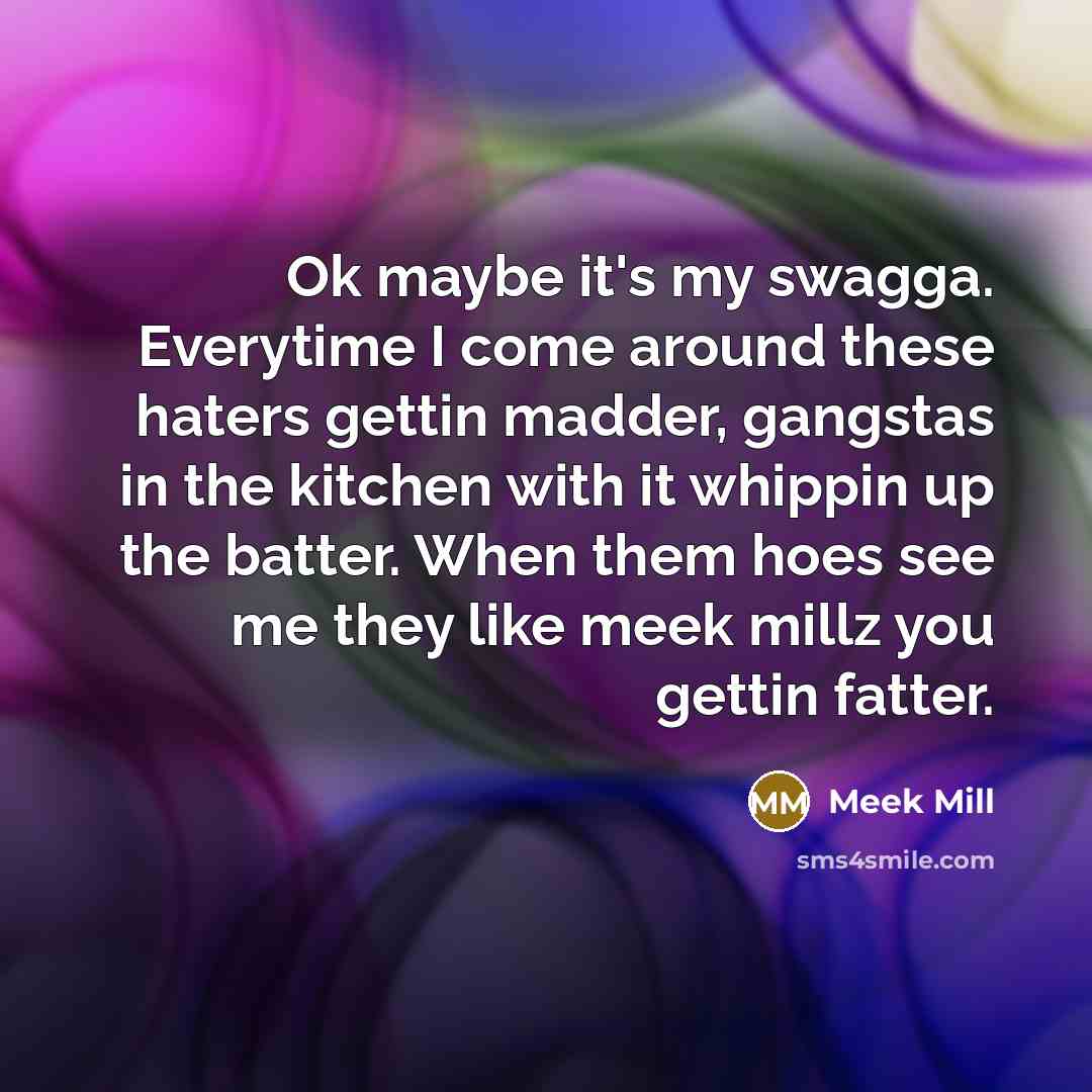 “Ok maybe it's my swagga. Everytime I come around these haters gettin madder, gangstas in the kitchen with it whippin up the batter. When them hoes see me they like meek millz you gettin fatter.” quote by Meek Mill