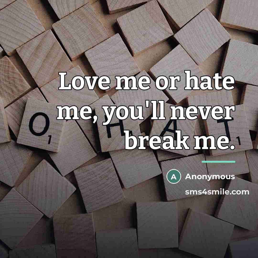 “Love me or hate me, you'll never break me.…” quote by Anonymous