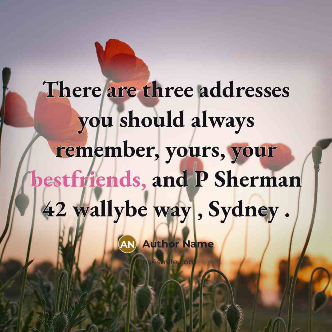 “There are three addresses you should always remember, yours, your bestfriends, and P Sherman 42 wallybe way , Sydney .” quote by Author Name