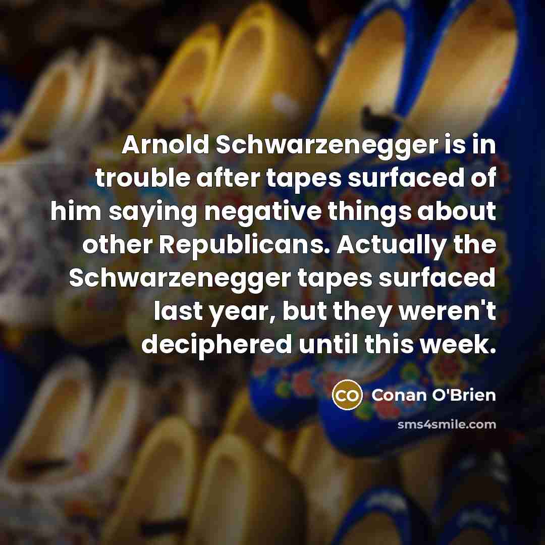 “Arnold Schwarzenegger is in trouble after tapes surfaced of him saying negative things about other Republicans. Actually the Schwarzenegger tapes surfaced last year, but they weren't deciphered until this week.” quote by Conan O'Brien