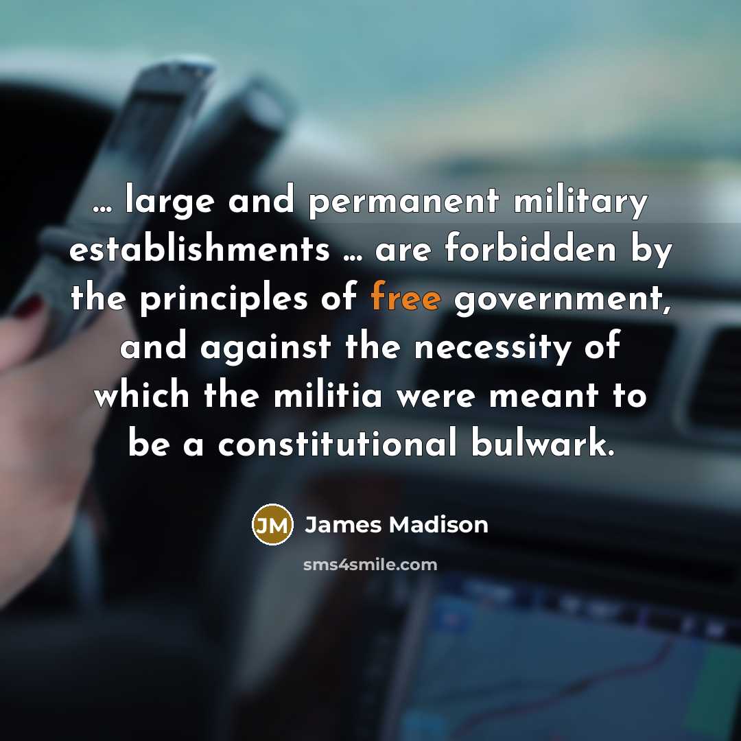 “... large and permanent military establishments ... are forbidden by the principles of free government, and against the necessity of which the militia were meant to be a constitutional bulwark.” quote by James Madison