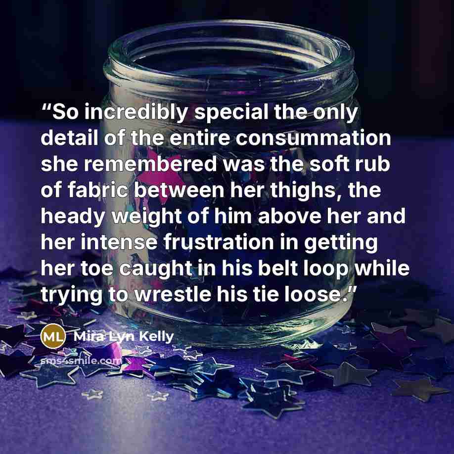 “So incredibly special the only detail of the entire consummation she remembered was the soft rub of fabric between her thighs, the heady weight of him above her and her intense frustration in getting her toe caught in his belt loop while trying to wrestle his tie loose.” quote by Mira Lyn Kelly