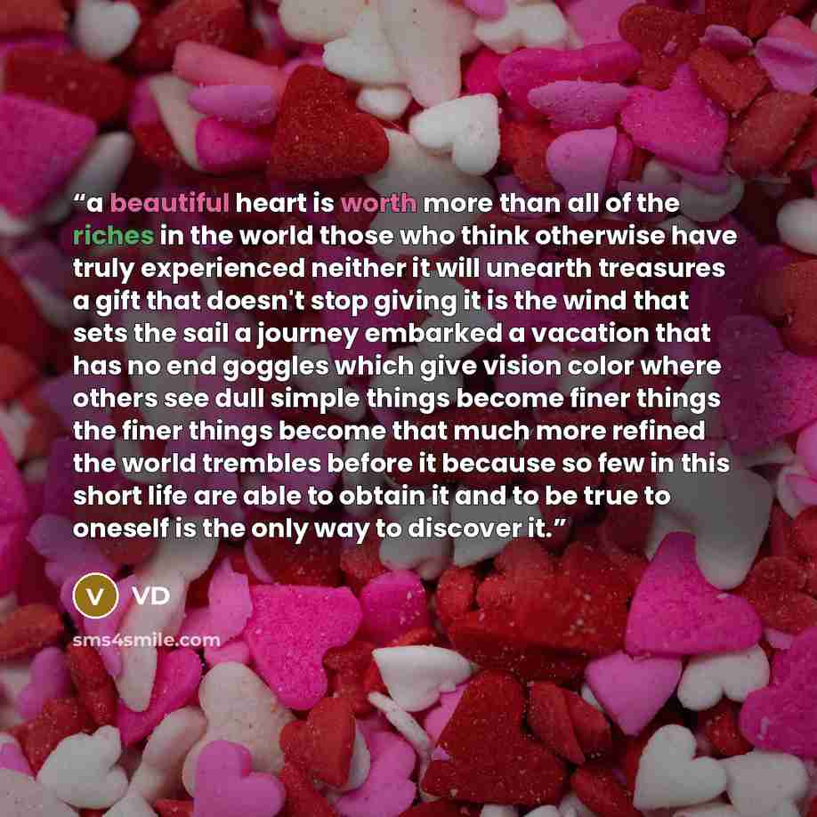 “a beautiful heart is worth more than all of the riches in the world those who think otherwise have truly experienced neither it will unearth treasures a gift that doesn't stop giving it is the wind that sets the sail a journey embarked a vacation that has no end goggles which give vision color…” quote by VD