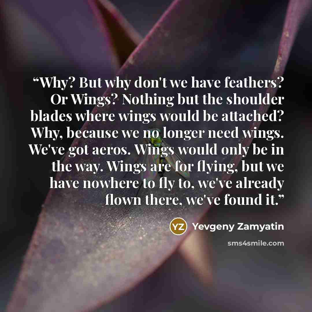 “Why? But why don't we have feathers? Or Wings? Nothing but the shoulder blades where wings would be attached? Why, because we no longer need wings. We've got aeros. Wings would only be in the way. Wings are for flying, but we have nowhere to fly to, we've already flown there, we've found it.” quote by Yevgeny Zamyatin
