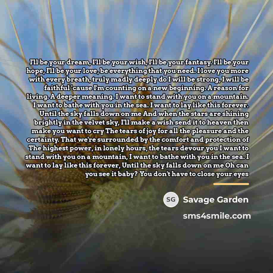 “I'll be your dream, I'll be your wish, I'll be…” quote by Savage Garden