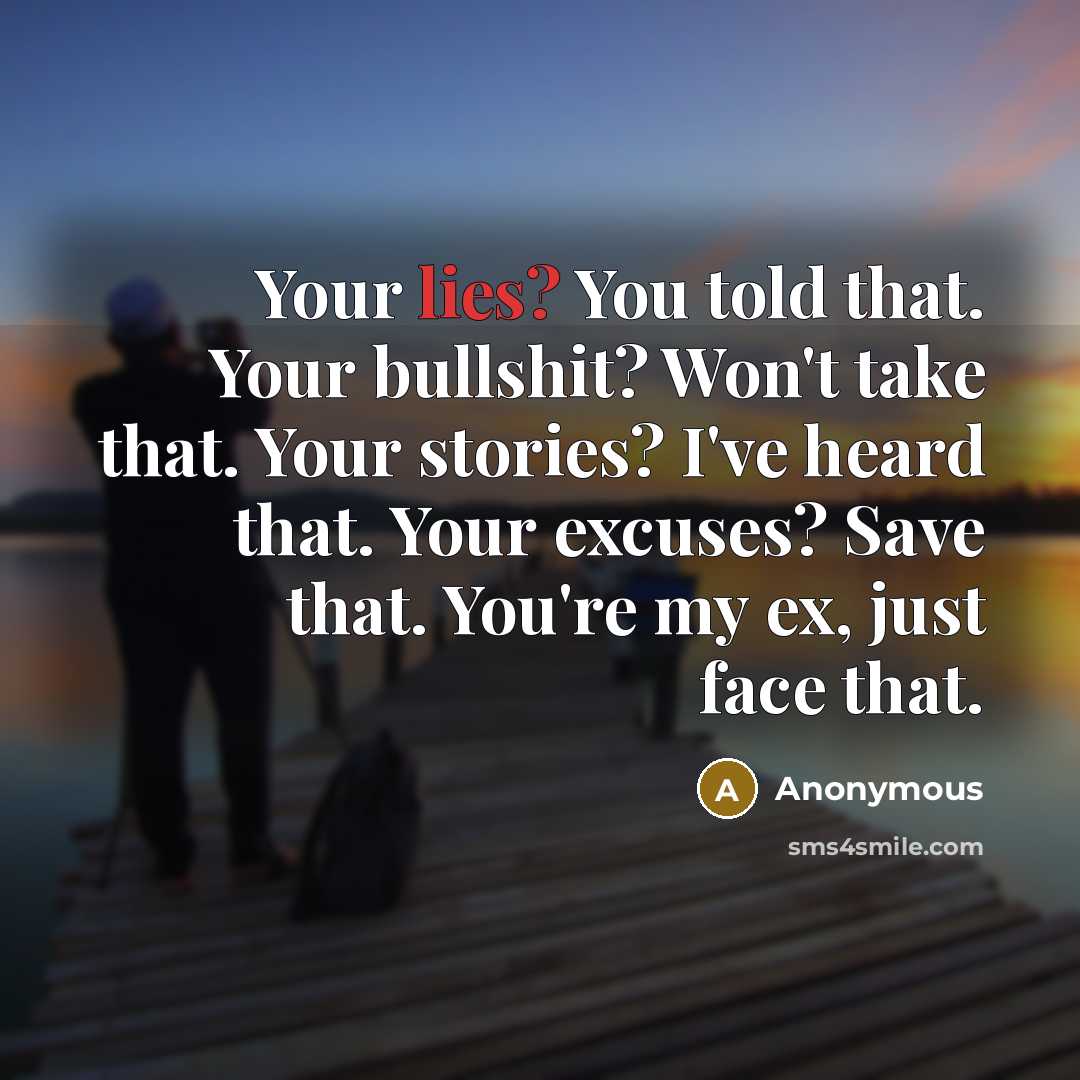 “Your lies? You told that. Your bullshit? Won't take that. Your stories? I've heard that. Your excuses? Save that. You're my ex, just face that.” quote by Anonymous