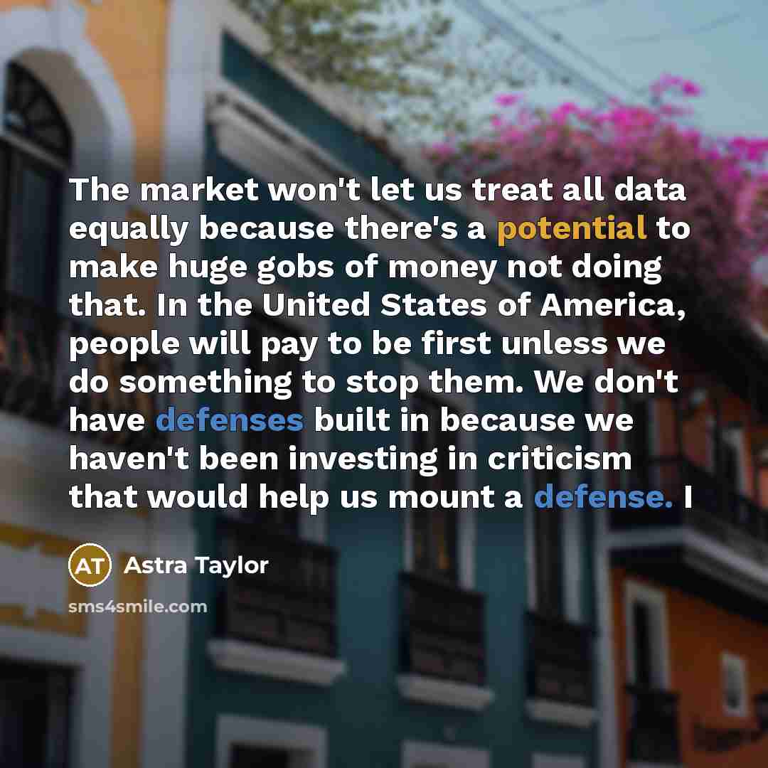 “The market won't let us treat all data equally because…” quote by Astra Taylor