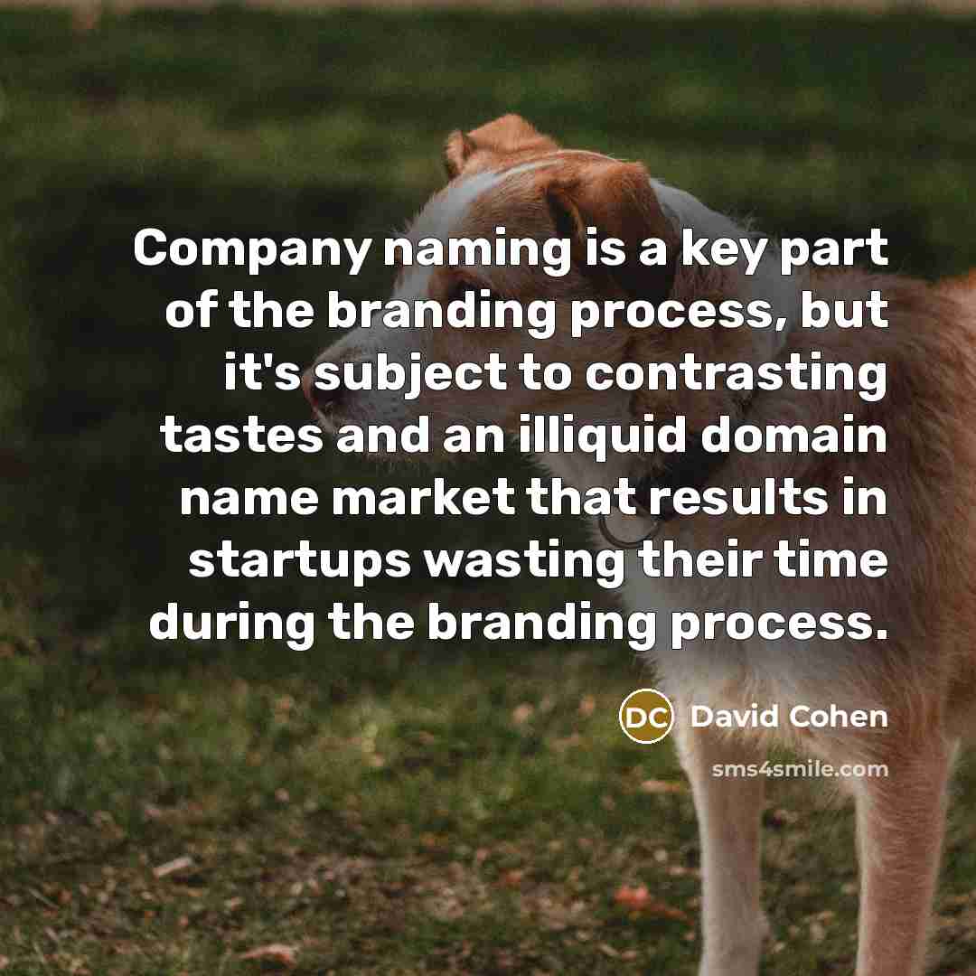 “Company naming is a key part of the branding process, but it's subject to contrasting tastes and an illiquid domain name market that results in startups wasting their time during the branding process.” quote by David Cohen