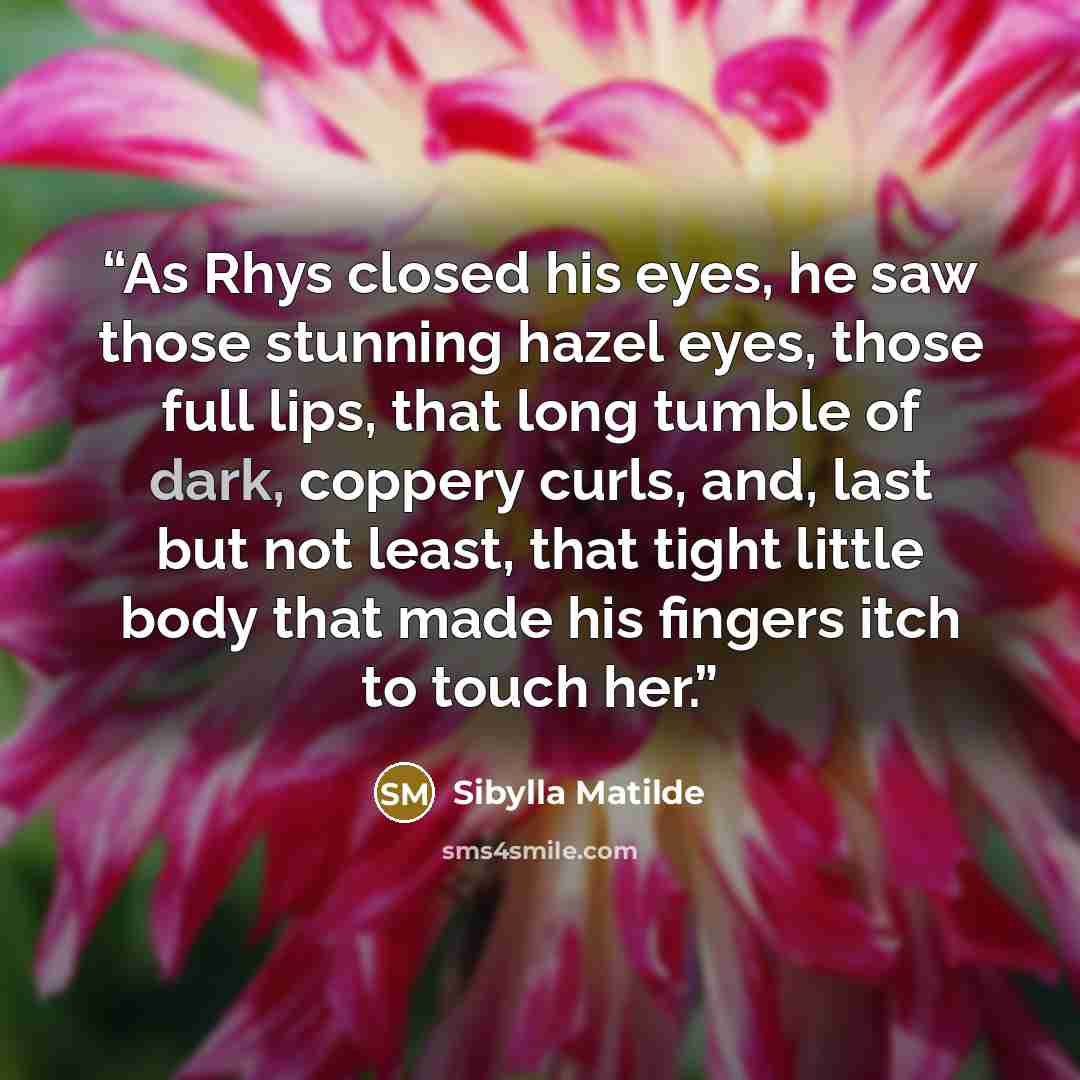 “As Rhys closed his eyes, he saw those stunning hazel eyes, those full lips, that long tumble of dark, coppery curls, and, last but not least, that tight little body that made his fingers itch to touch her.” quote by Sibylla Matilde
